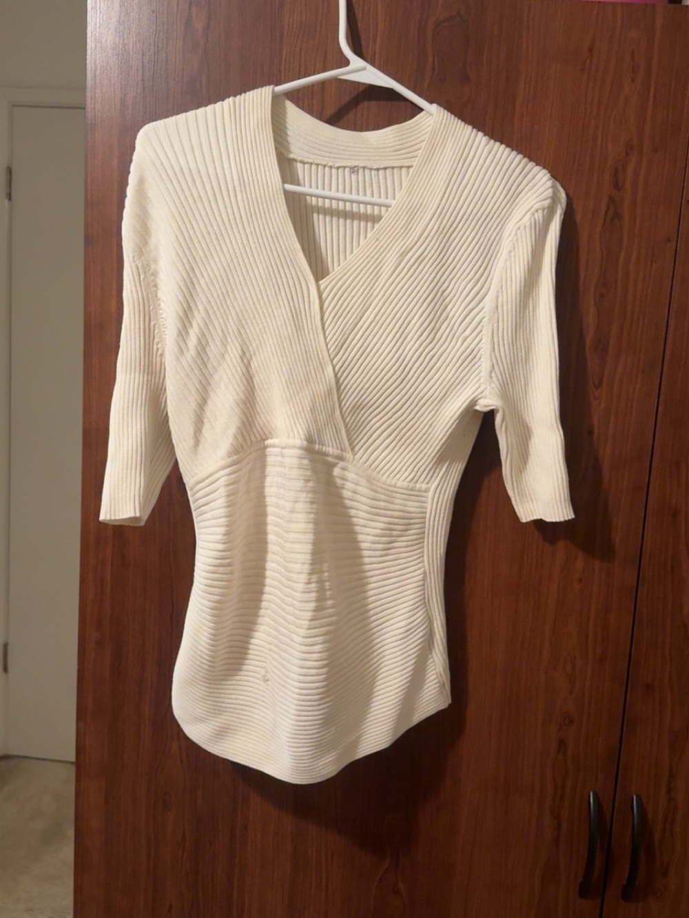 Cream Ribbed V-Neck Knit Top